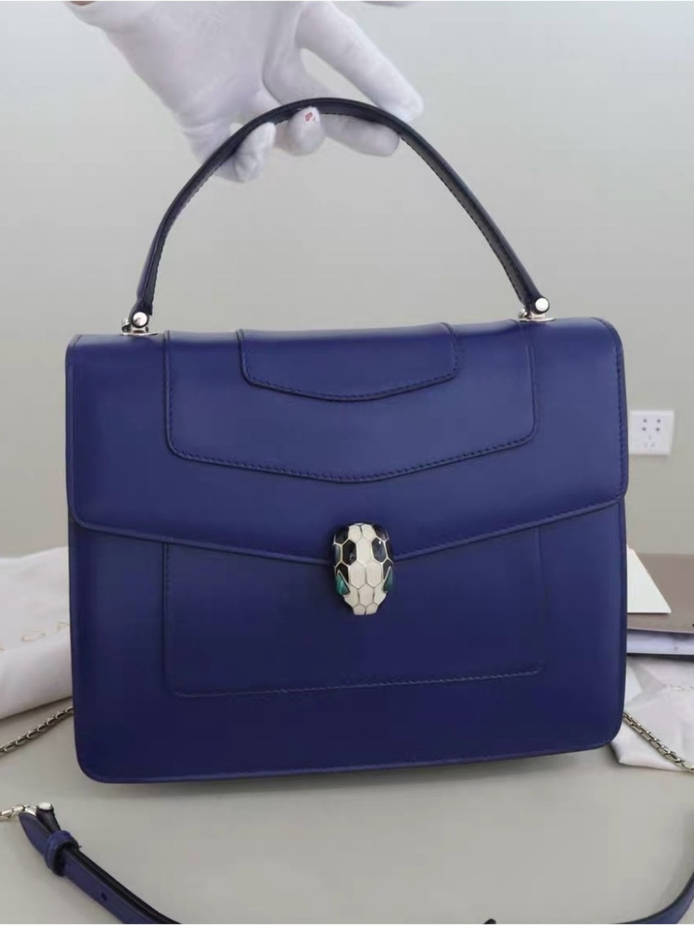🚩steal Bulgari Deep Blue Leather Top-Handle Satchel with Serpent Clasp